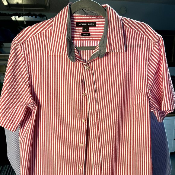 Michael Kors Classic Fit 100% Cotton Red White Stripe Short-Sleeve Btn-Up SZ Lrg - Picture 1 of 5